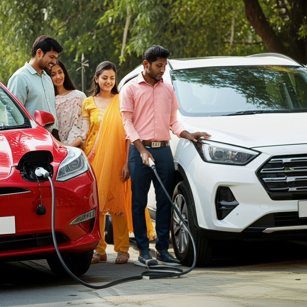 Generate a high-quality, relevant image prompt for an article about: Who Should Buy EV Cars in India