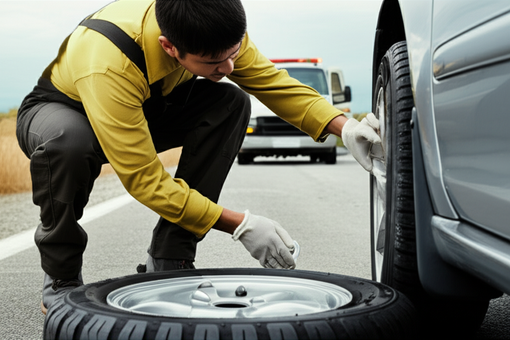 Generate a high-quality, relevant image prompt for an article about: Roadside Assistance: Flat Tire?