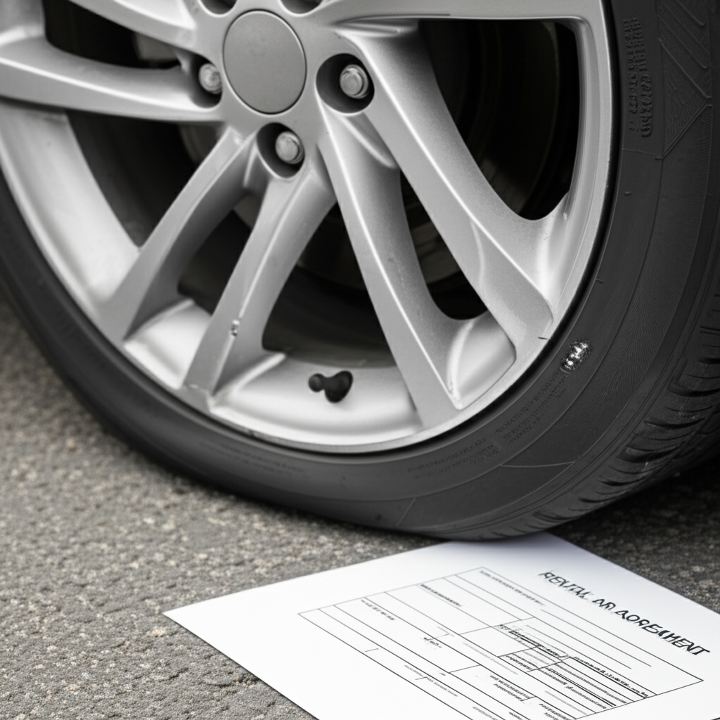 Generate a high-quality, relevant image prompt for an article about: Rental Car Flat Tires: Are You