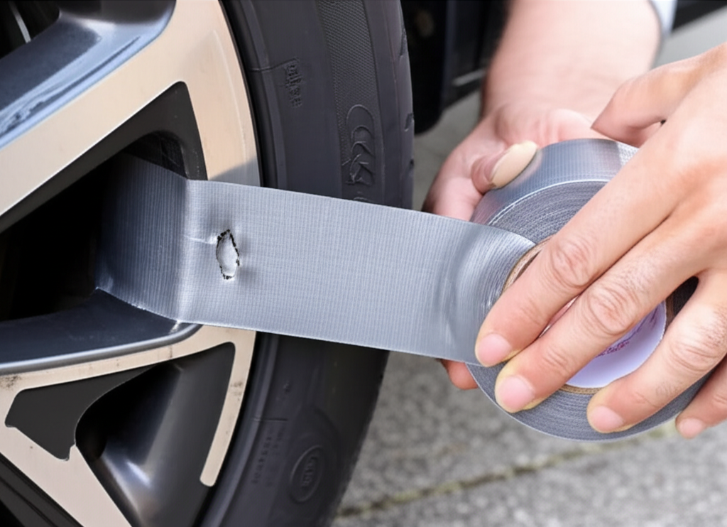 Generate a high-quality, relevant image prompt for an article about: Fix Flat Tire With Duct Tape: P