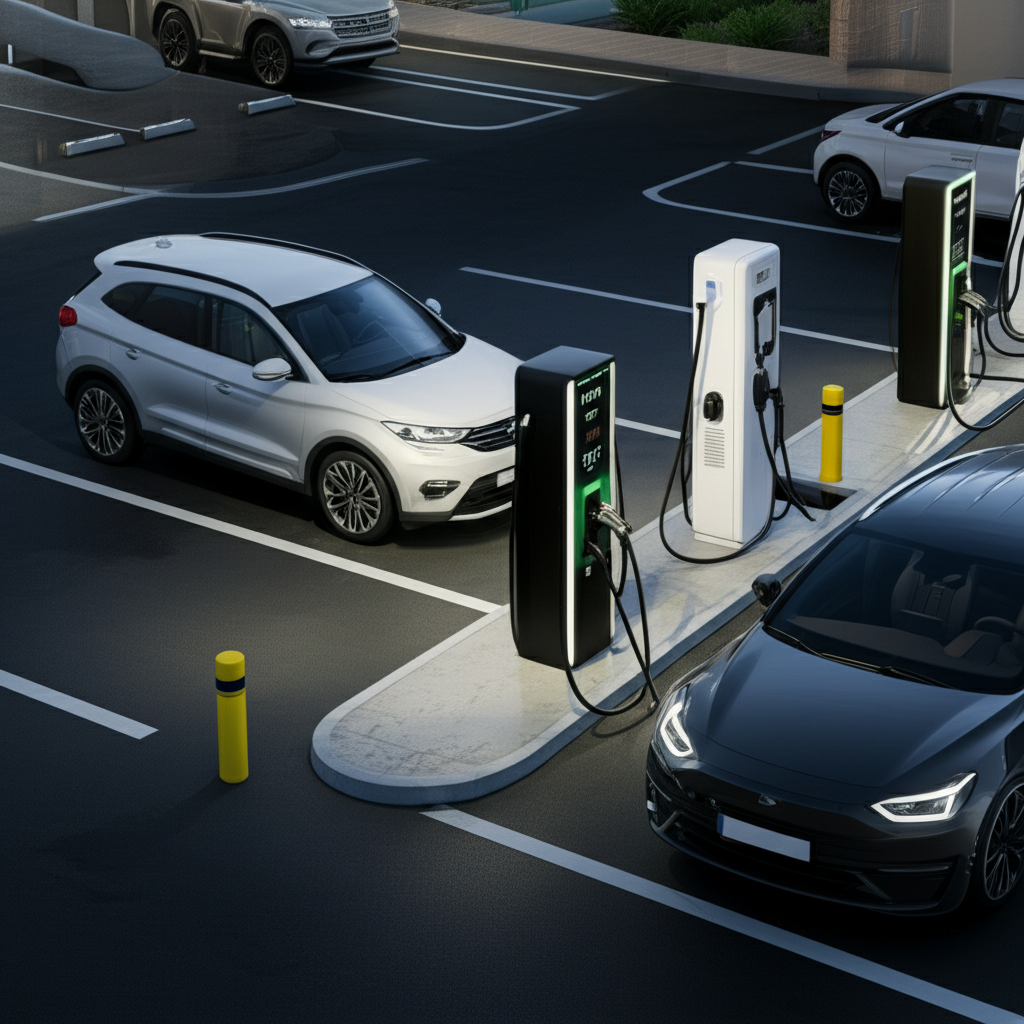 Generate a high-quality, relevant image prompt for an article about: Commercial EV Charging: Proven